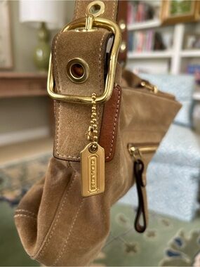 Coach Suede Hobo Bag in Tan with Gold Hardware